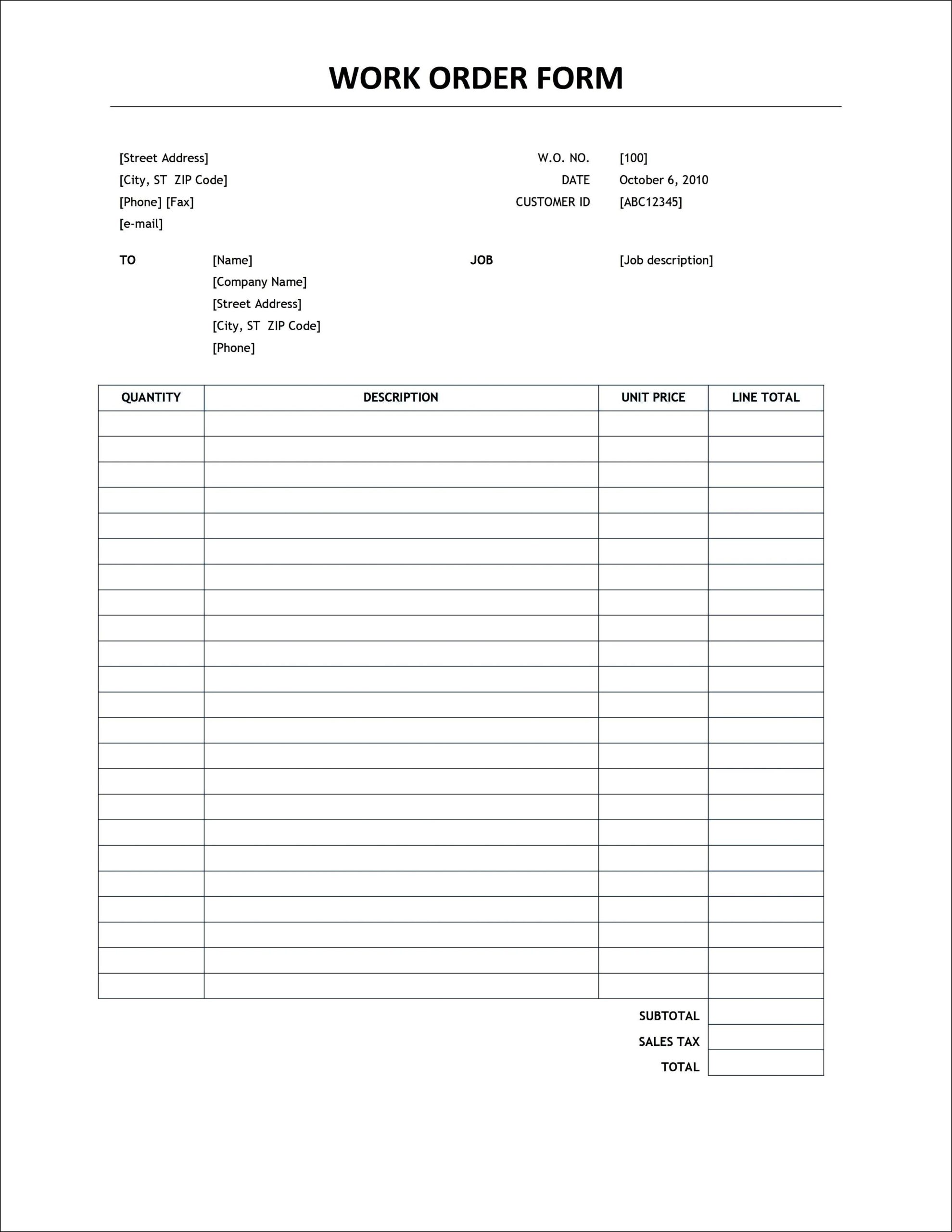 order form template free printable