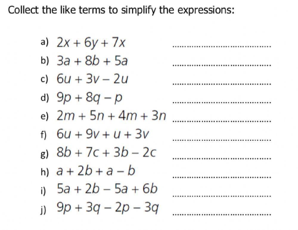 Simplify Algebraic Expressions By Collecting Like Terms Worksheet 