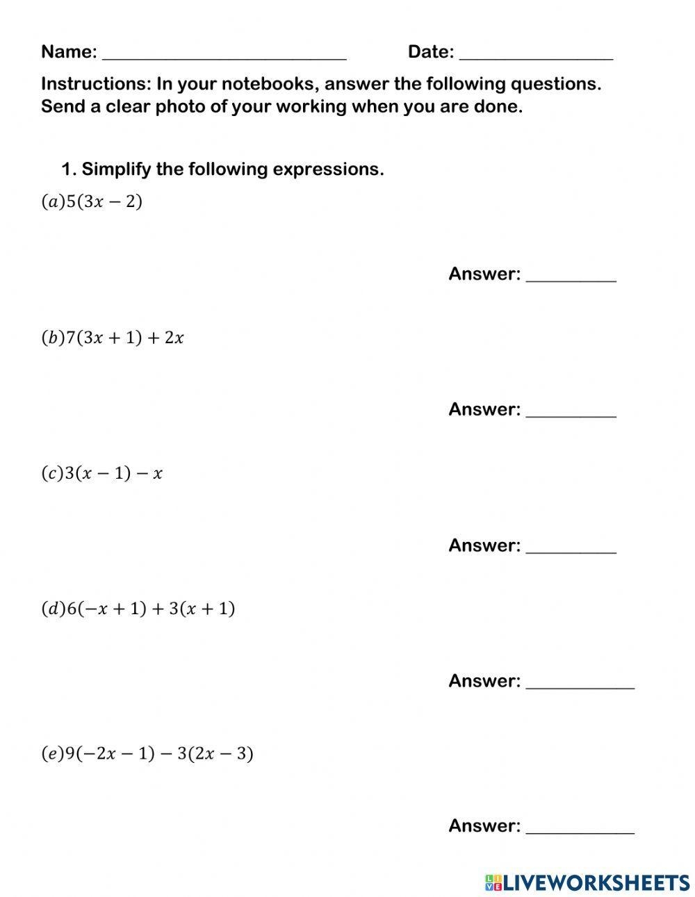 Simplify Expressions Worksheet 1 pdf Name Date Simplify 