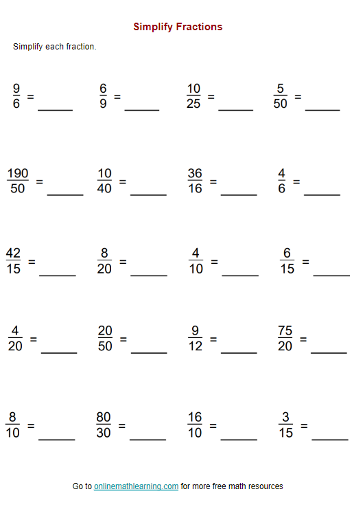 reduce fractions worksheet
