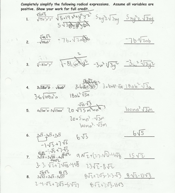Simplifying Radical Expressions Worksheet Helping Times