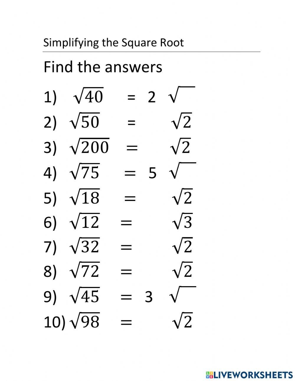 Simplifying The Square Root MohammadAwwad Live Worksheets Library