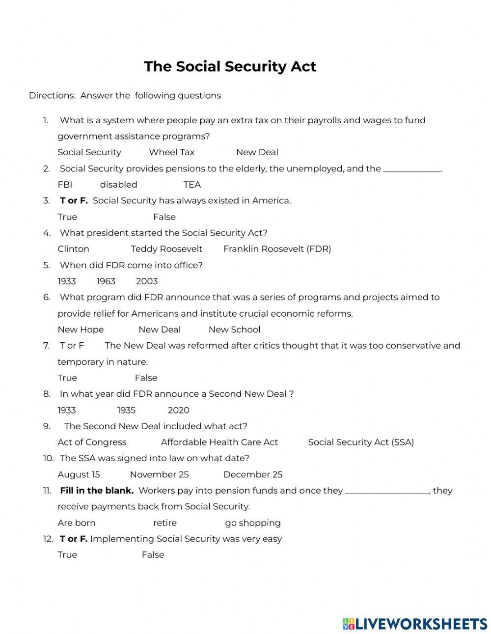 Social Security Act Of 1935 Worksheets Provisions Amendments 