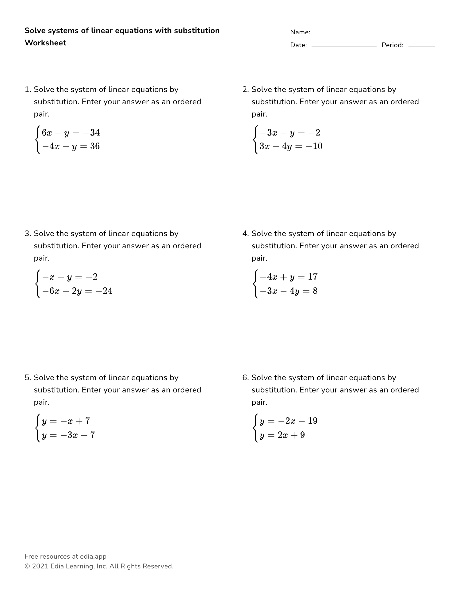 Solve Systems Of Linear Equations With Substitution Worksheet