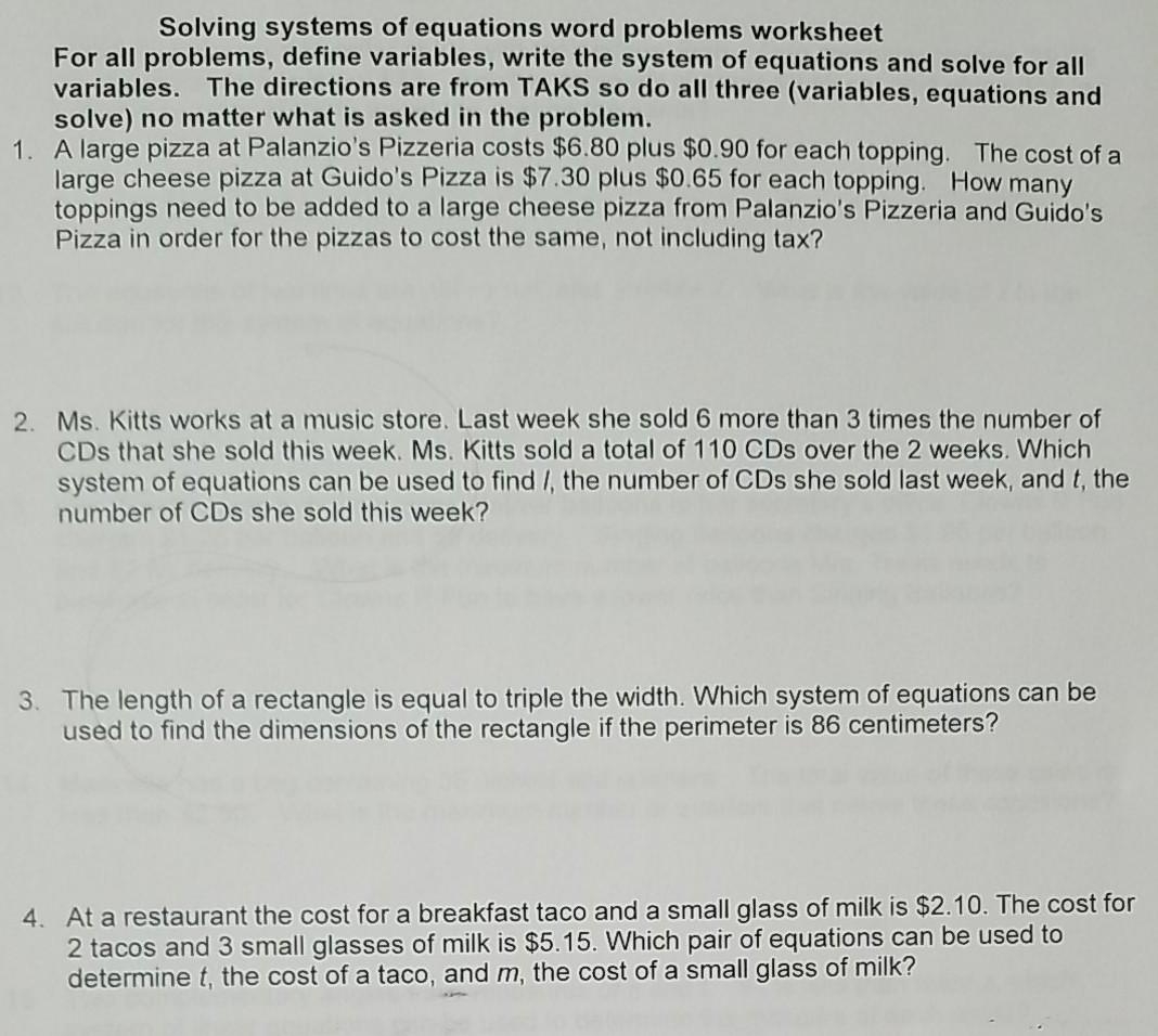 Solved Solving Systems Of Equations Word Problems Worksheet 