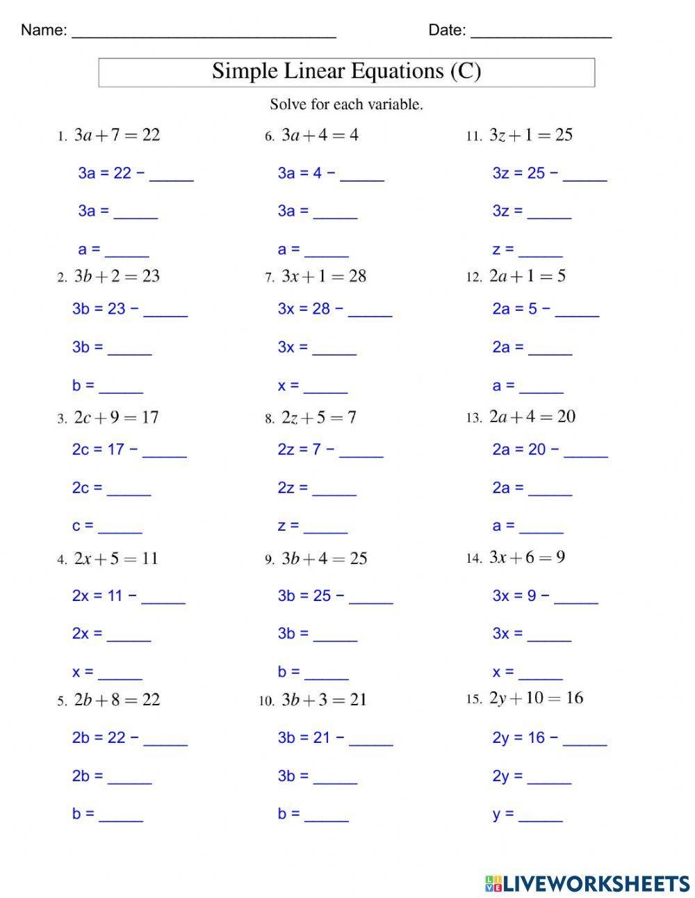 Solving Equations Using Algebra Part 2 Worksheet Live Worksheets 