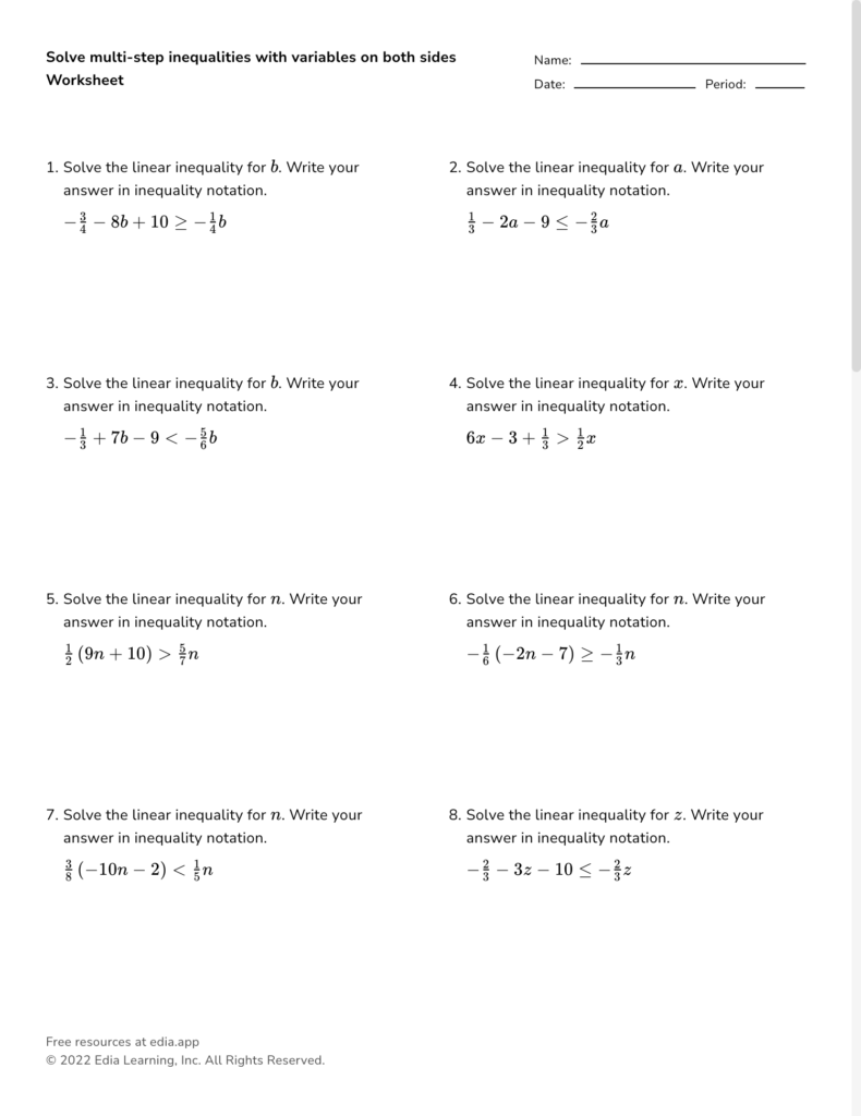 Solving Inequalities With Variables On Both Sides Worksheet