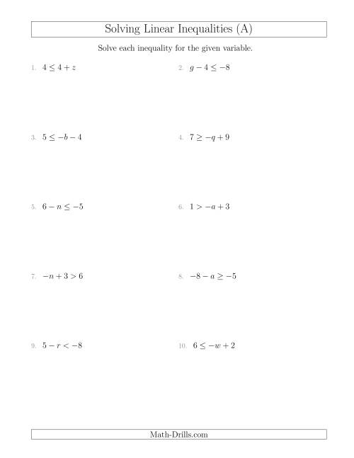 Solving Linear Inequalities Including A Third Term A Worksheets Library