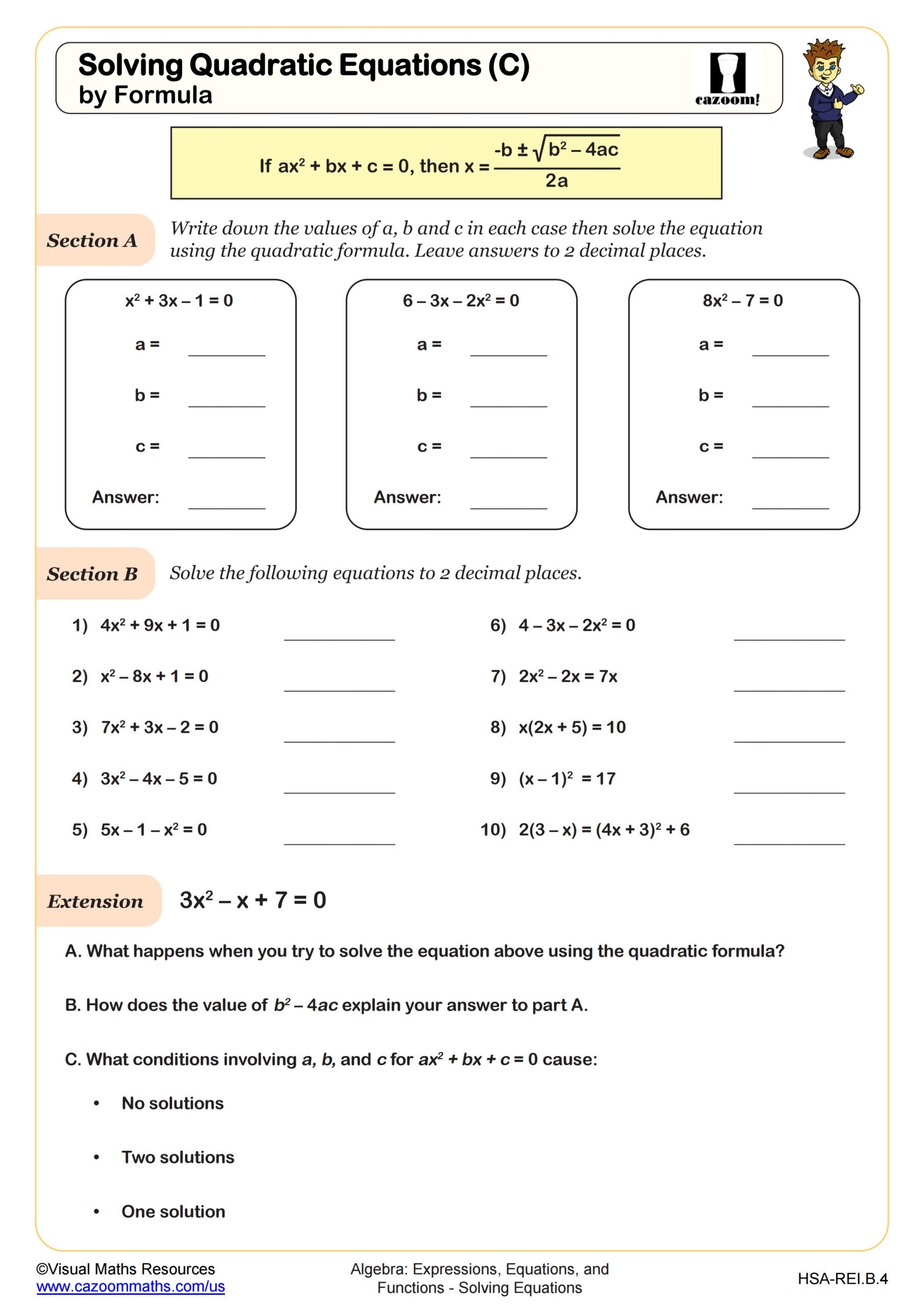 Solving Quadratic Equations C By Quadratic Formula Worksheet PDF 