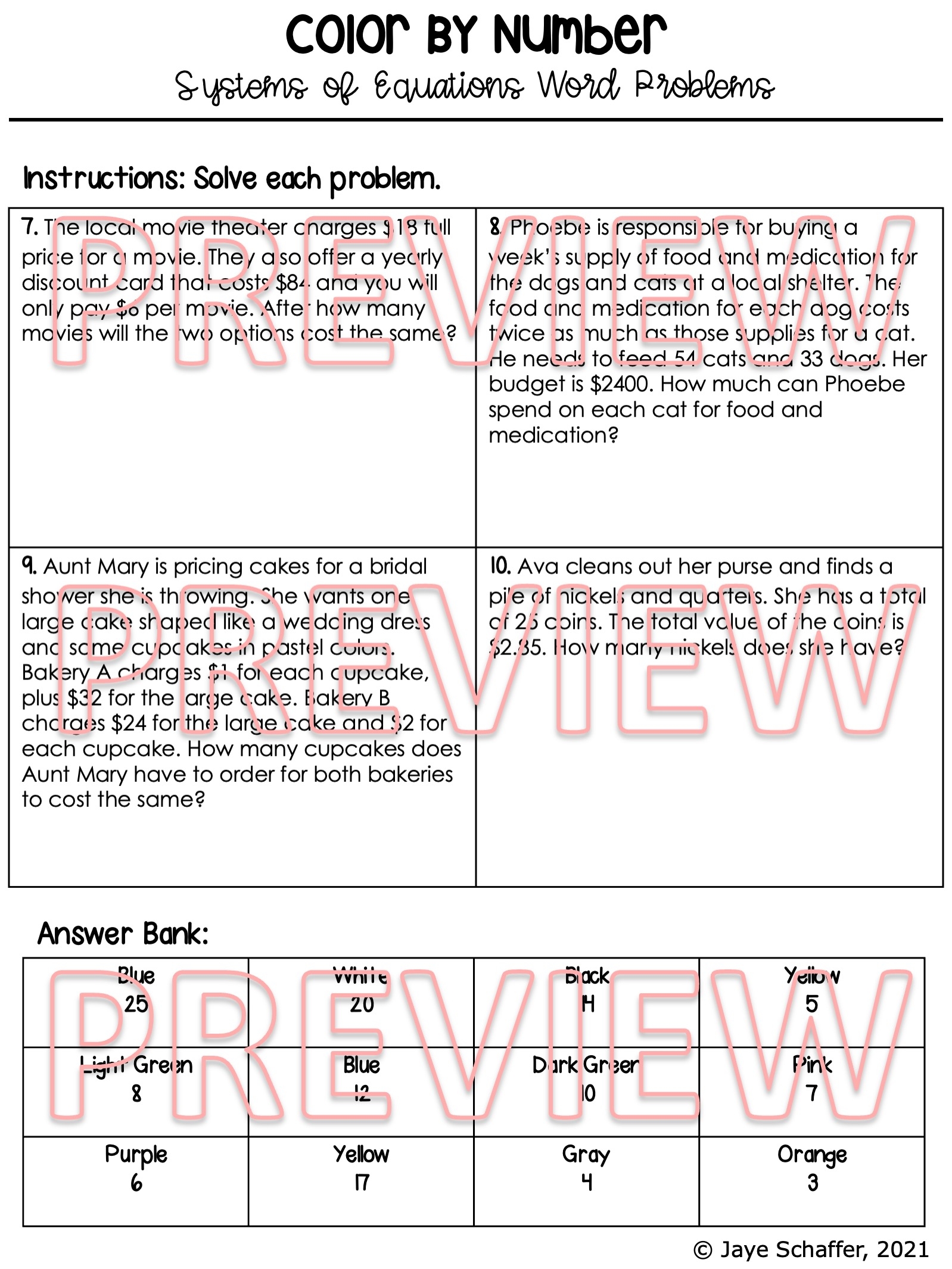 Solving Systems Of Equations Word Problems Coloring Activity 