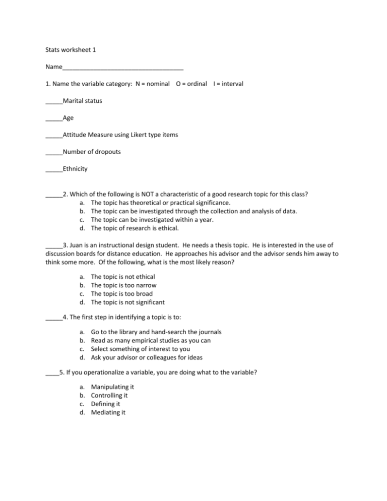 Statistics Worksheet Variables Central Tendency Correlation