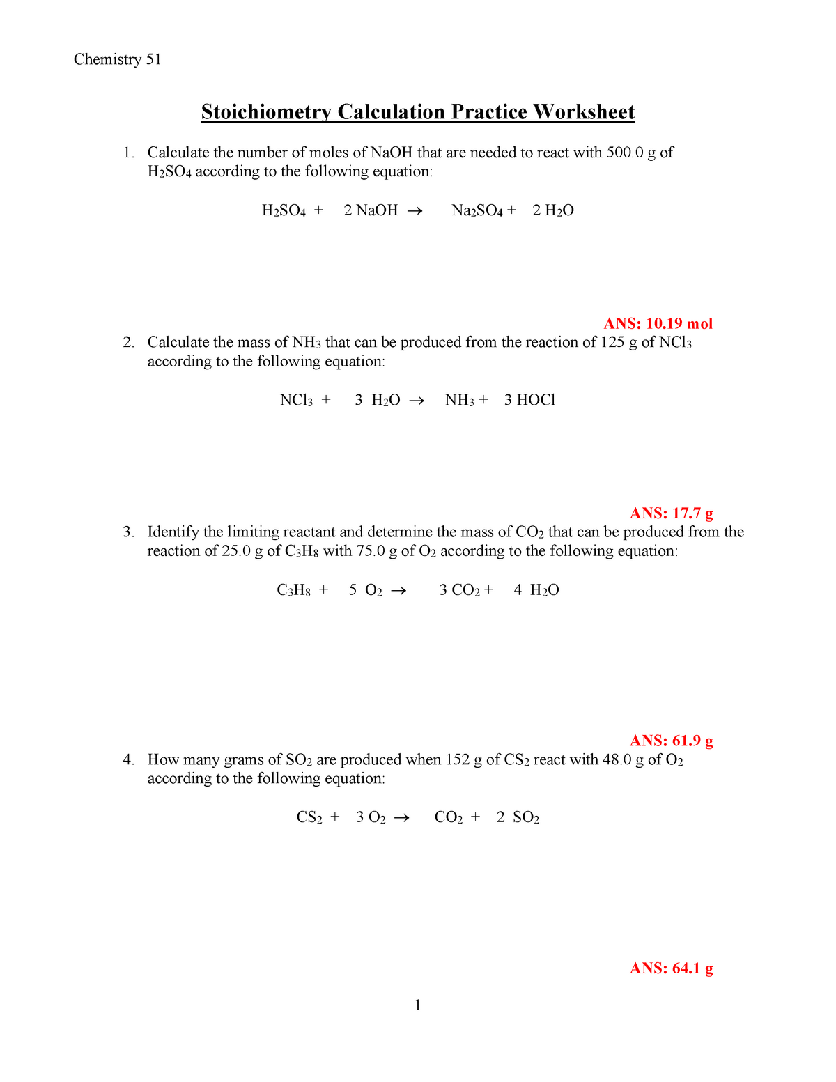 worksheet stoichiometry