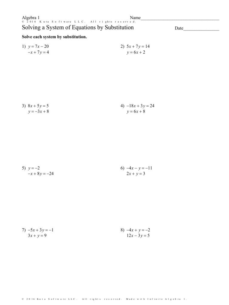 solving system of equations by substitution worksheet