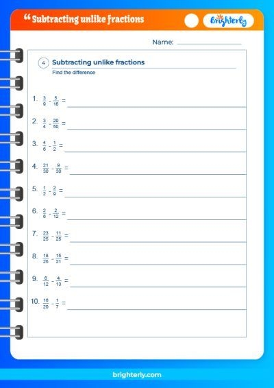 Subtracting Fractions With Unlike Denominators Worksheets PDFs 