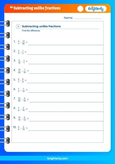 Subtracting Fractions With Unlike Denominators Worksheets PDFs 