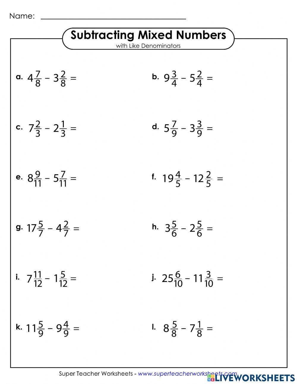 Subtracting Mixed Numbers W like Denominators 2 Online Exercise 