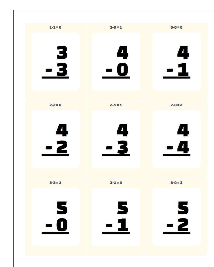 math subtraction flash cards printable