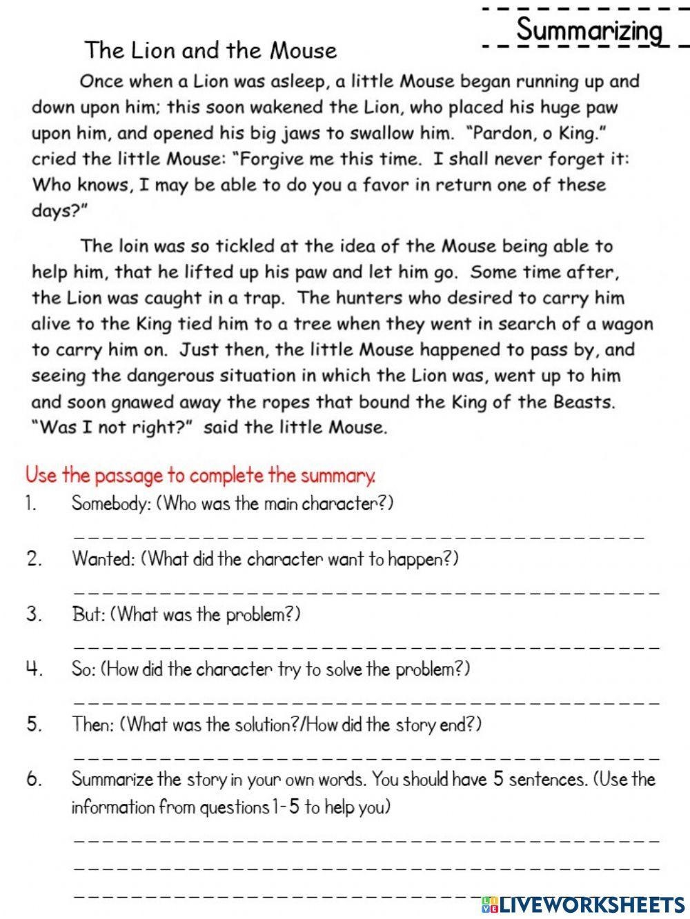Summarizing ESL Worksheet By Jessafish Worksheets Library