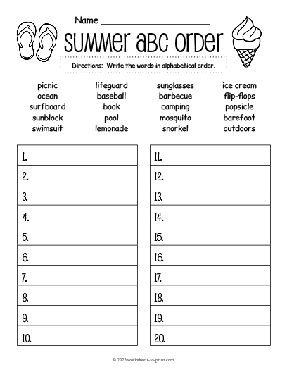 Summer Alphabetizing Worksheet