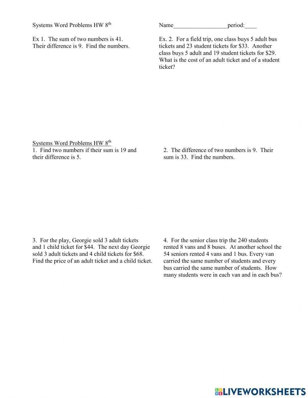 solving a system of equations word problems worksheet