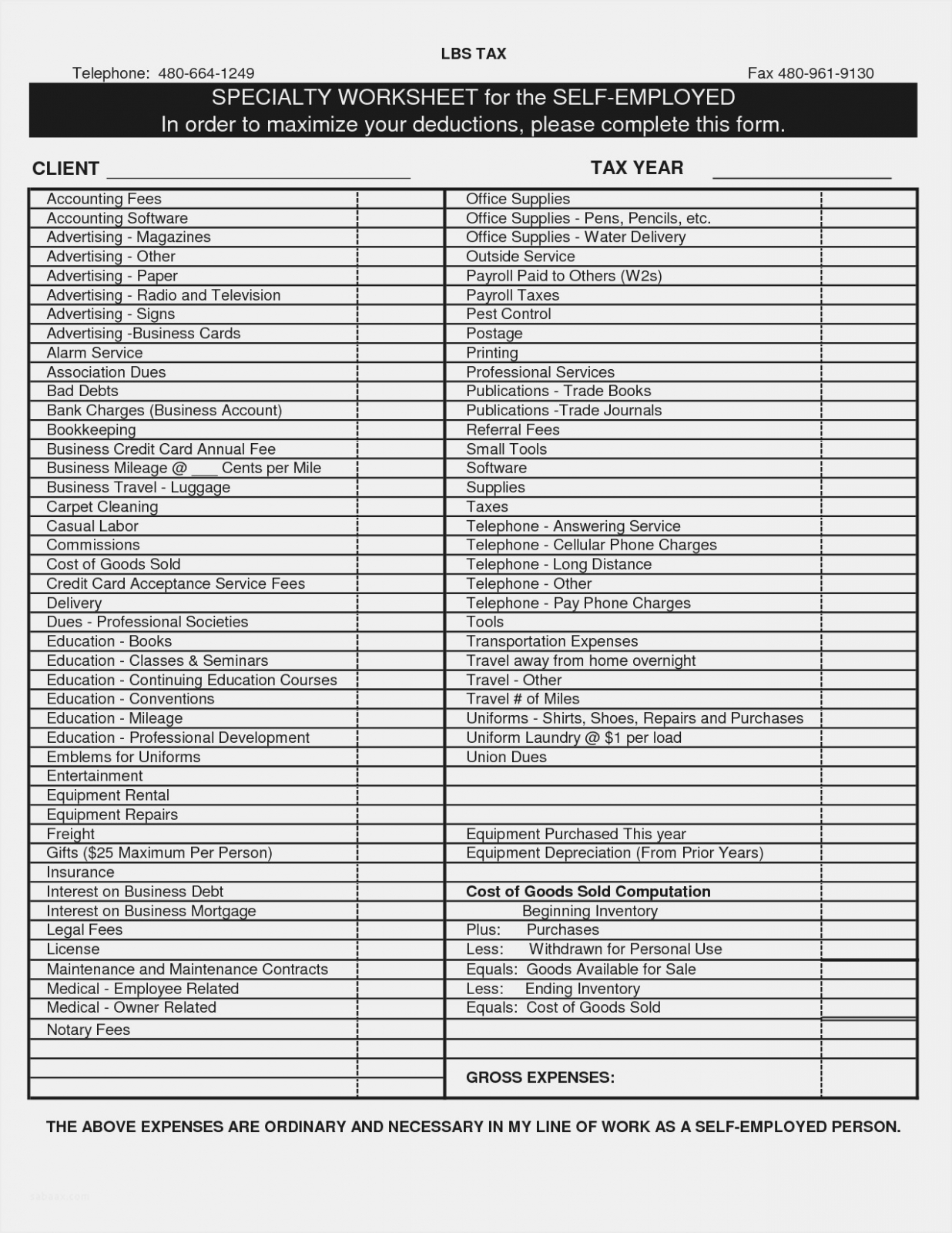 self-employed tax deductions worksheet