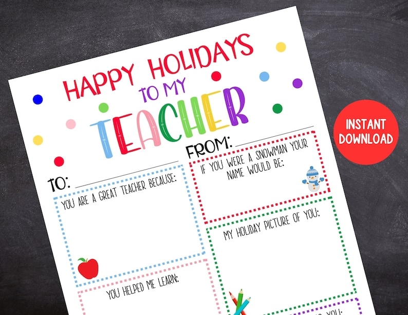 Teacher Holiday Card Printable Kids Holiday Card For Teachers Teacher