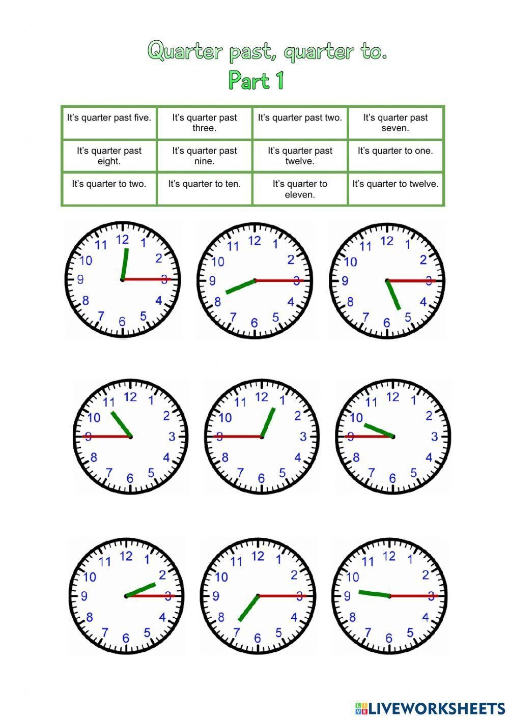 Telling Analog Time Quarter Hours Worksheets Library