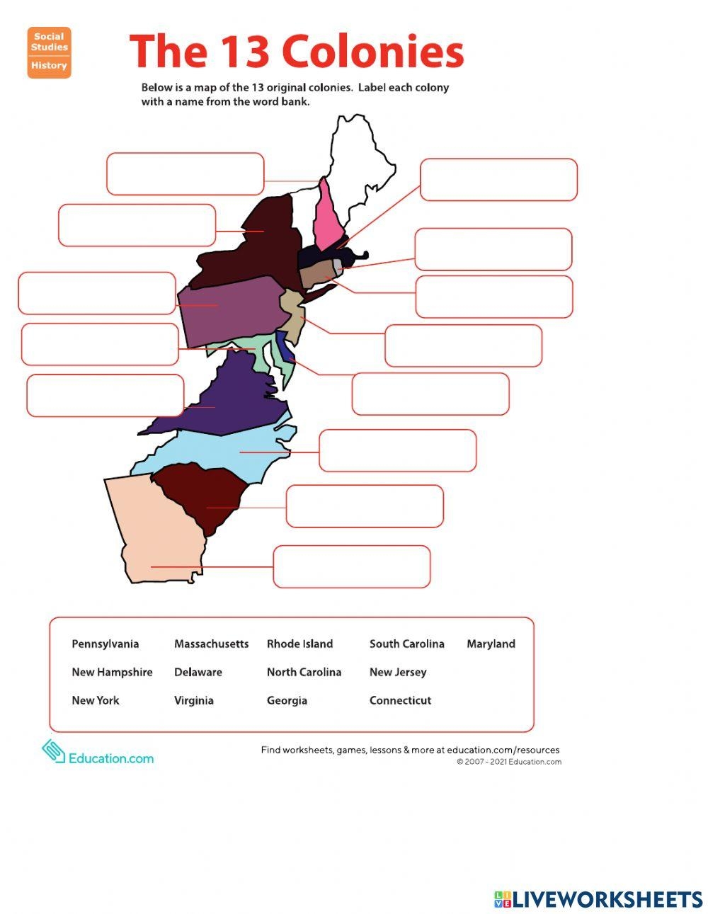 The 13 Colonies Drag And Drop Worksheet Live Worksheets Worksheets 