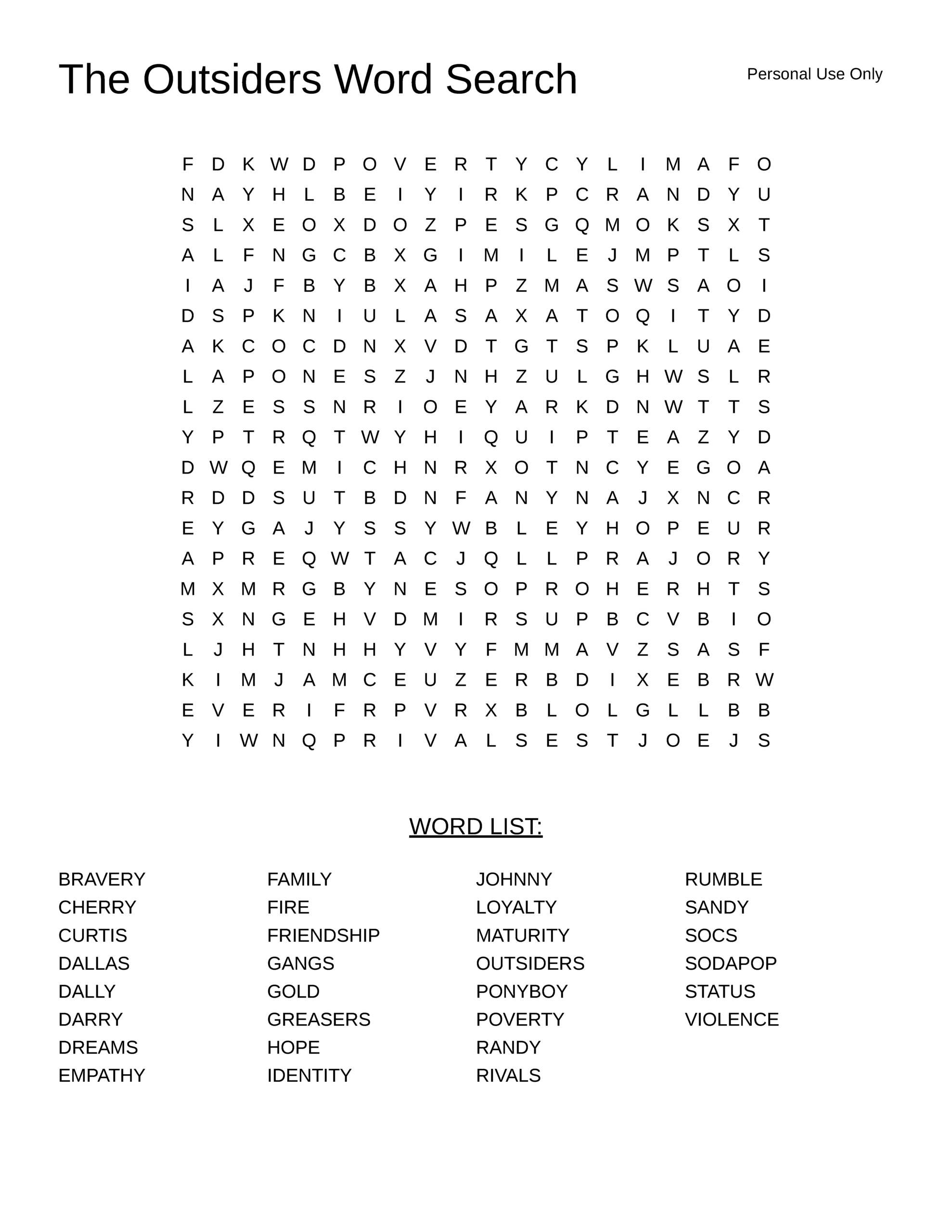 The Outsiders Word Search Free Printable PDF 44 OFF