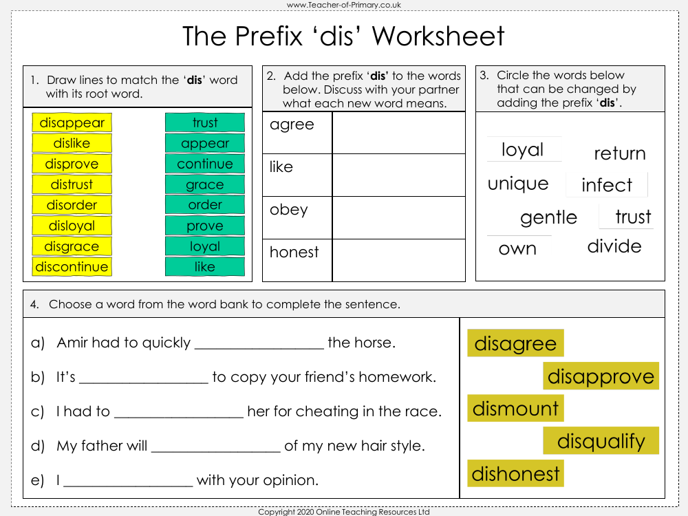 The Prefix Dis Worksheet English Year 3 Worksheets Library