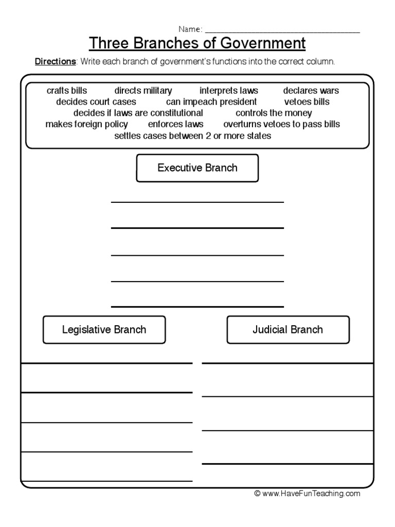 Three Branches Government Worksheet Download Free PDF Legal 