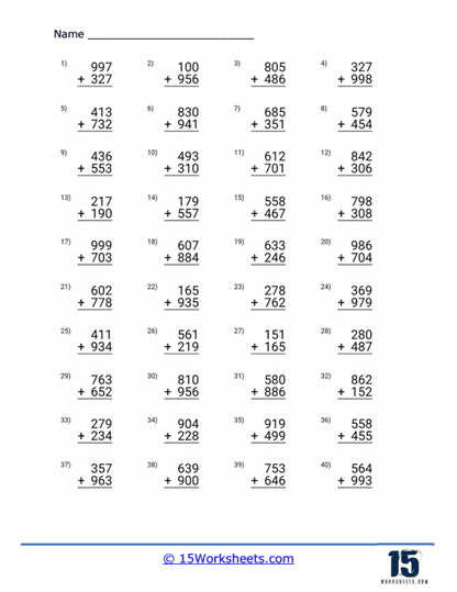 Three Digit Addition Worksheets 15 Worksheets