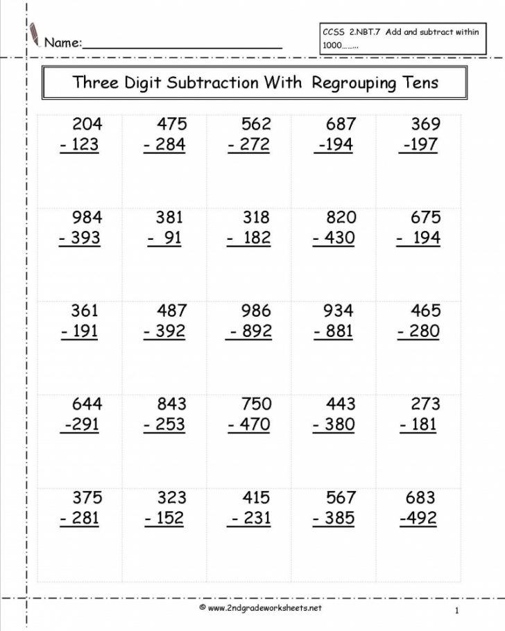 Three Digit Subtraction With Regrouping Worksheet 2Nd Grade Math 