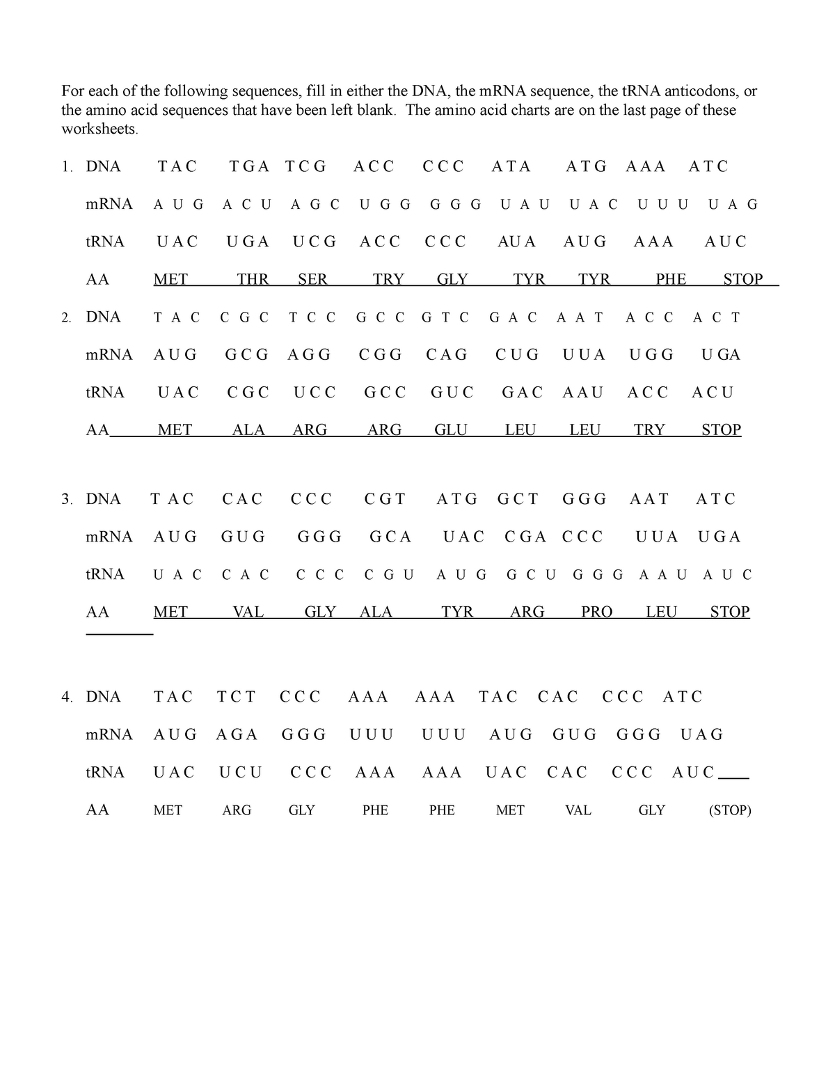 transcription translation worksheet