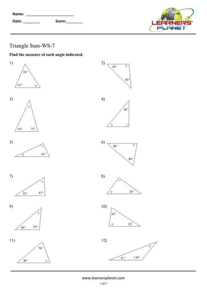 Triangle Angle Sum Worksheet Triangle Angle Sum Worksheets For Class 7