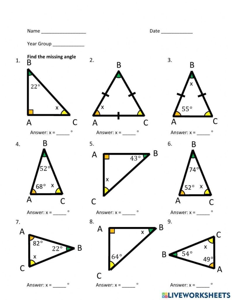 Triangles Find Missing Angle Worksheet Live Worksheets Worksheets