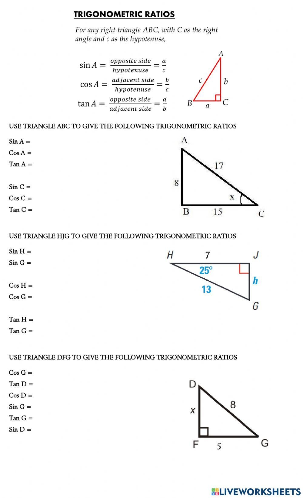 Trigonometric Ratios Worksheet Live Worksheets Worksheets Library