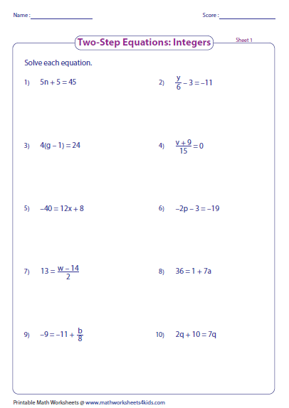 Two Step Equation Worksheets Equations Worksheets