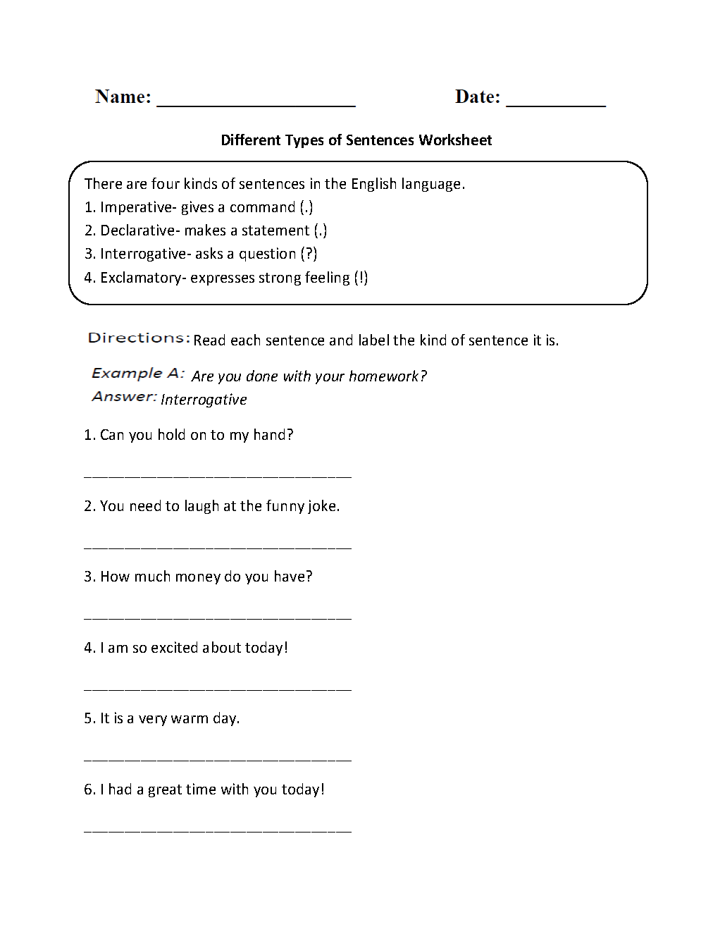 Types Of Sentences Worksheet E streetlight