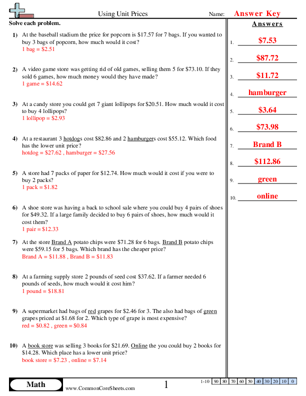 Unit Rate Problems 6th Grade Worksheets Library