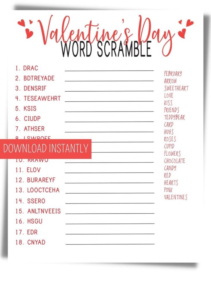 Valentines Day Word Scramble Valentines Printable Games Printable