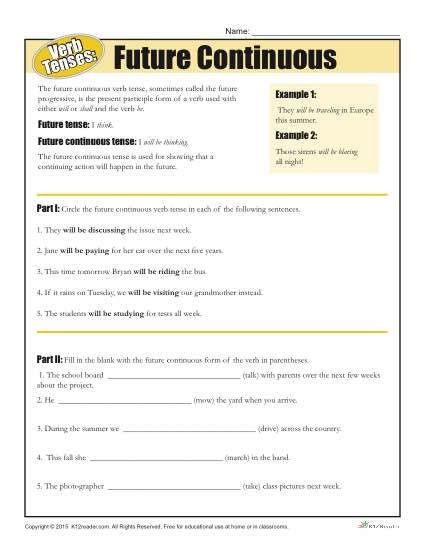 Verb Tense Worksheets Future Continuous