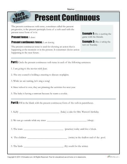 Verb Tense Worksheets Present Continuous