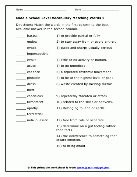 Vocab Worksheets For Middle School