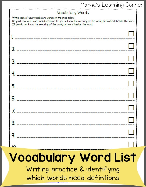 Vocabulary Word List Free Printable Mamas Learning Corner