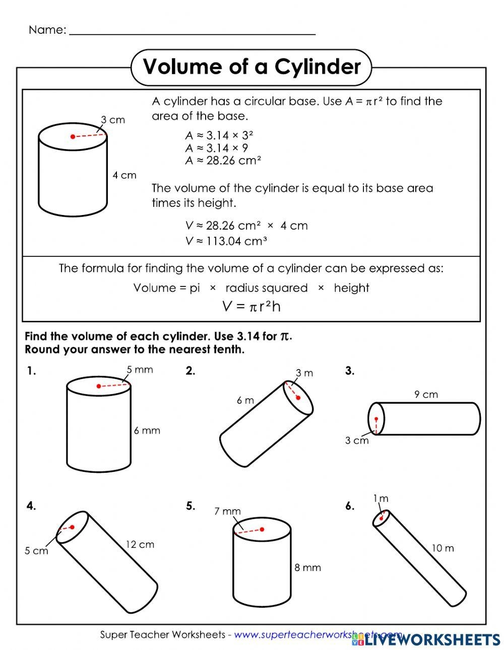 Volume Of A Cylinder Worksheet 5 27 Online Exercise For Live 