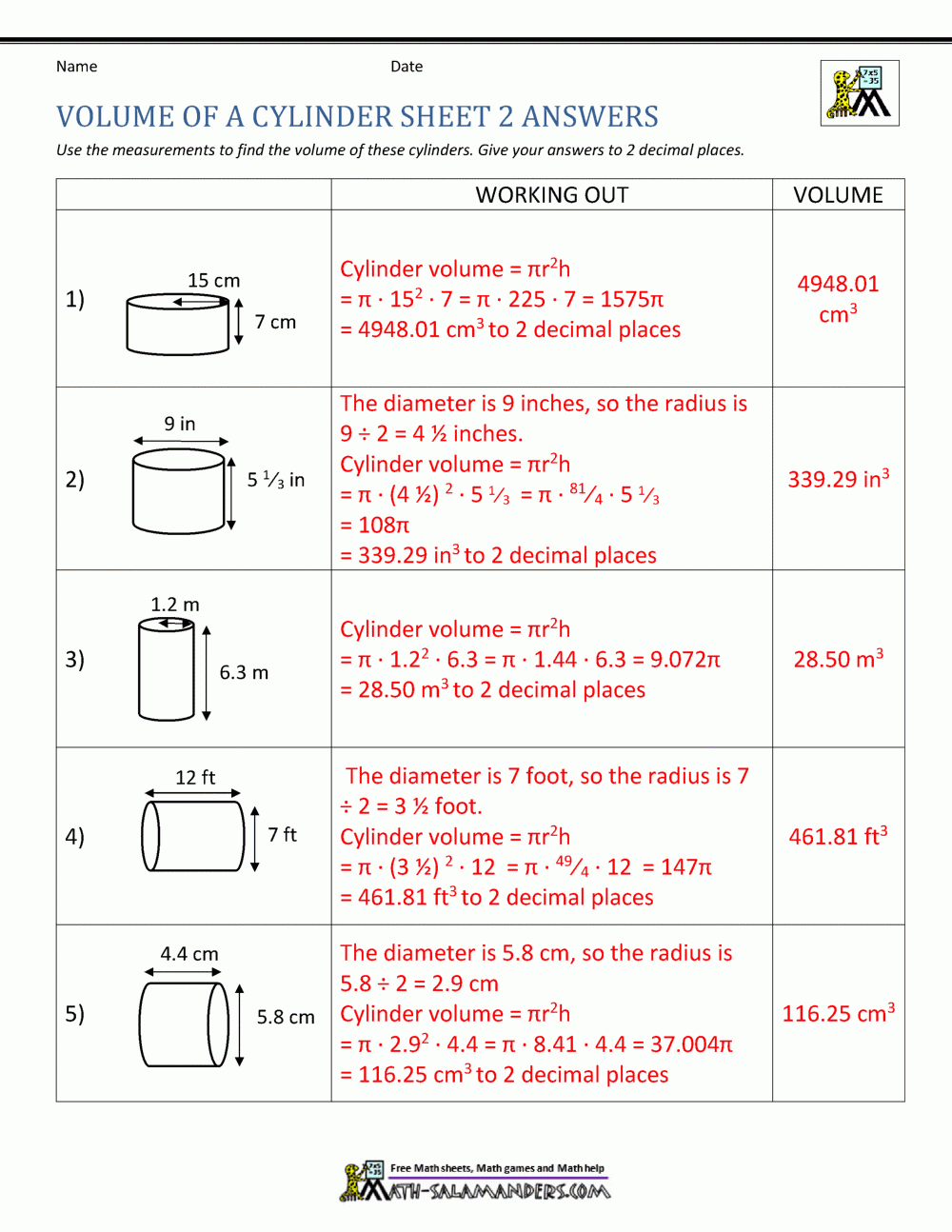Volume Of A Cylinder Worksheets Worksheets Library