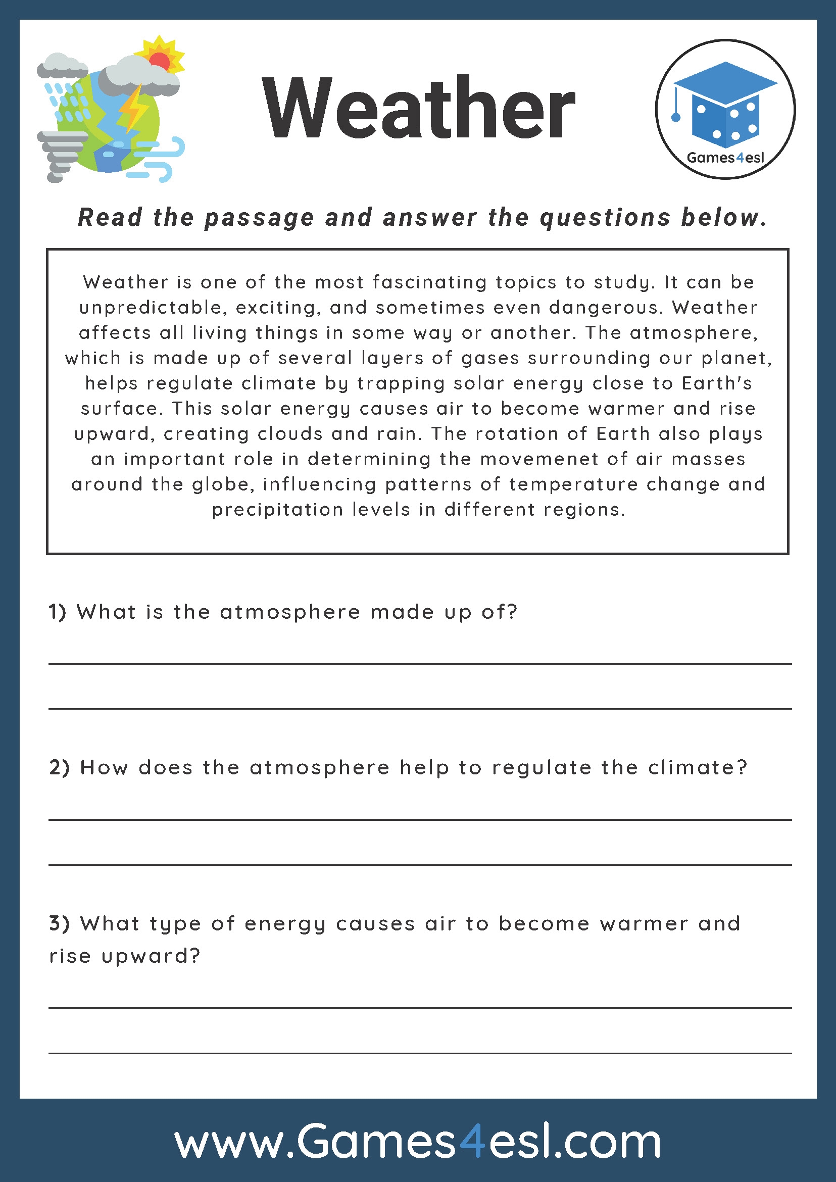 Weather Reading Comprehension Worksheet Games4esl Worksheets Library