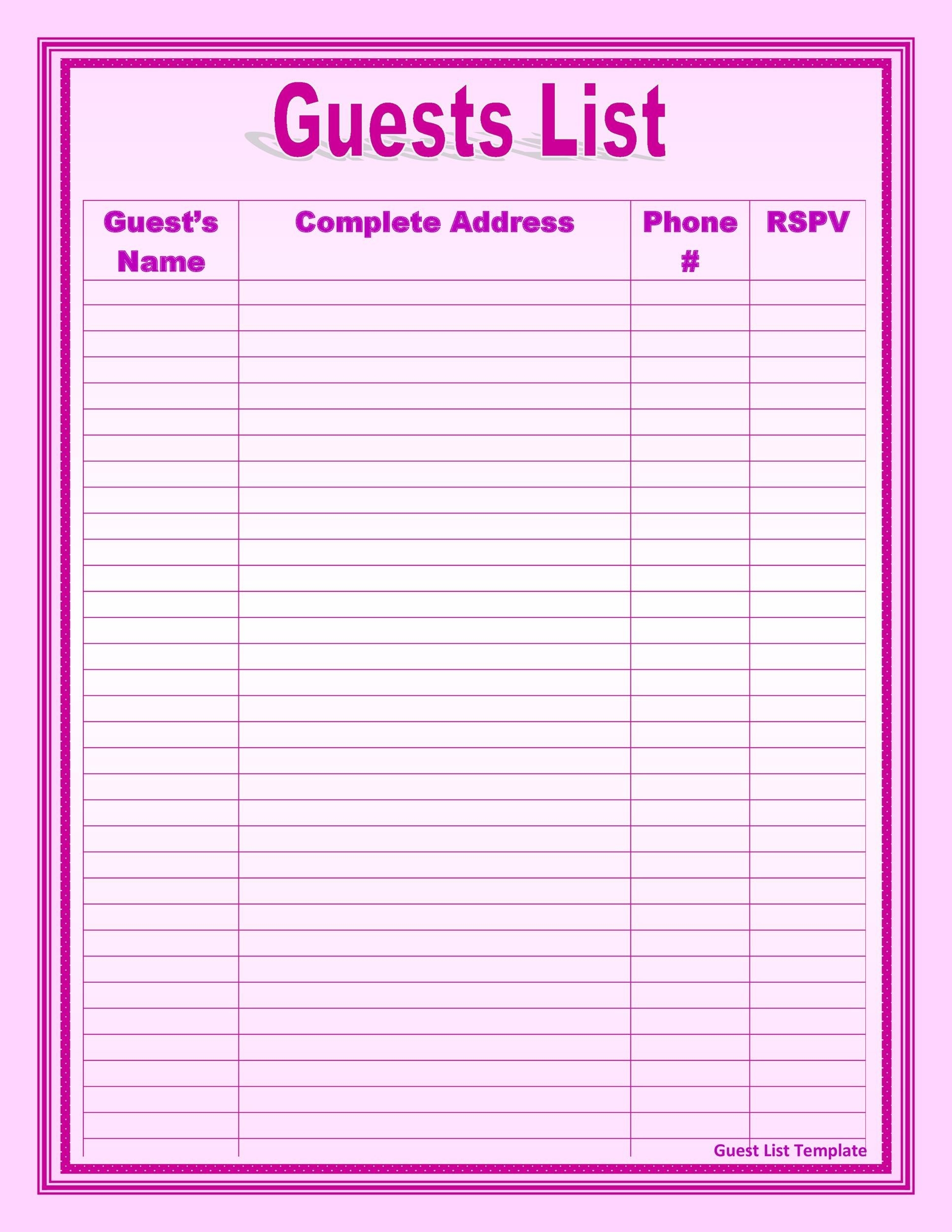 Wedding Invite List Template