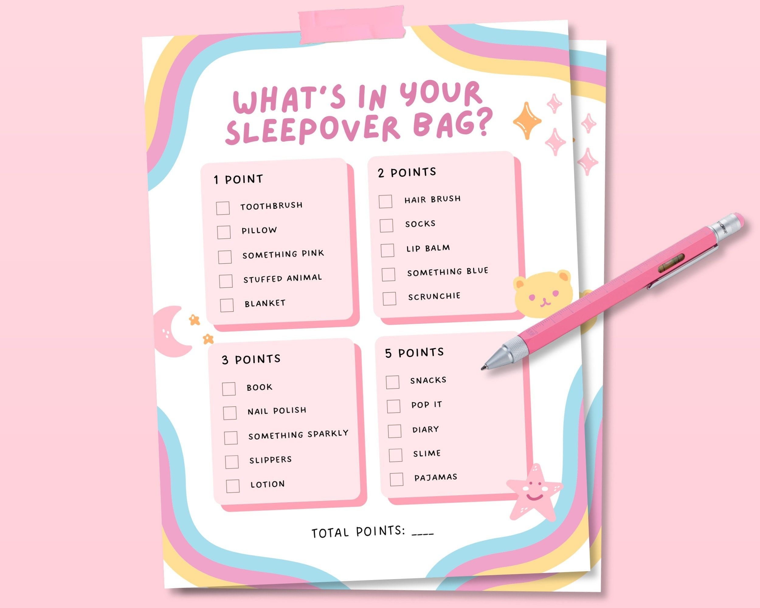 Whats In Your Sleepover Bag Slumber Party Games Teen preteen Sleepover 